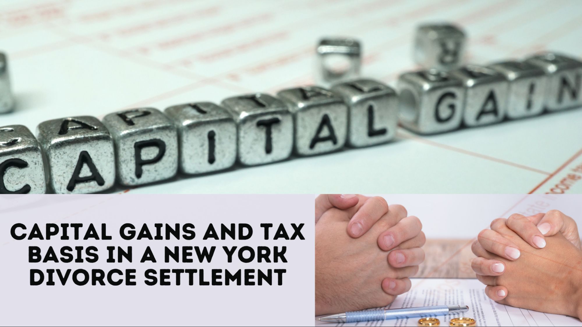 Brokerage account statements and a calculator on a desk, representing capital gains and tax basis analysis in a New York divorce settlement