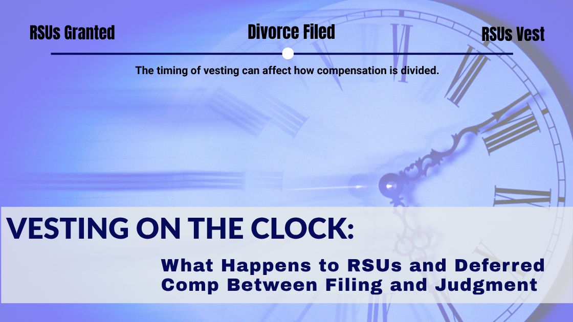 An equity compensation vesting schedule and share statements on a desk, representing RSUs dividing in a New York divorce between filing and judgment